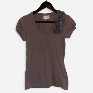 GERI C. NY Brown Taupe Roses Short Sleeve Scoop Neck Top Blouse